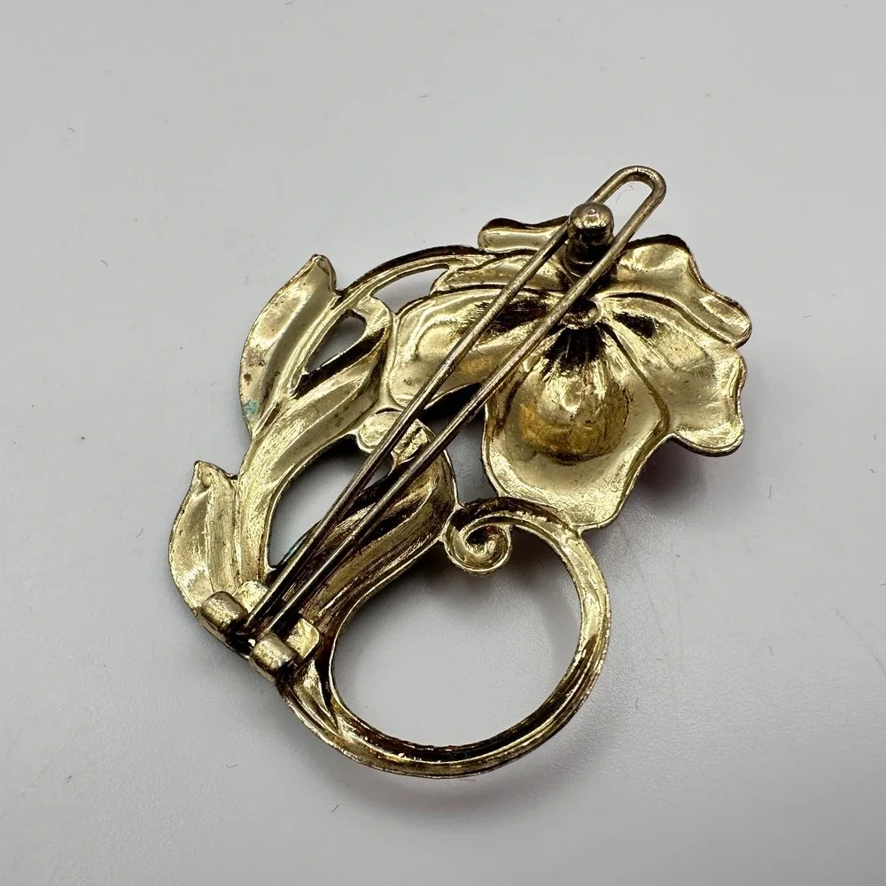 Vintage 90s Gold Tone Flower Brooch Pin Pink Green Enamel Boho Jewelry